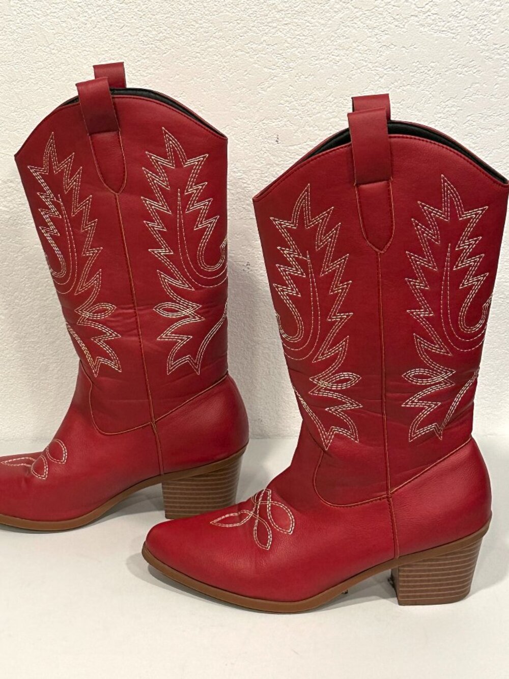 Western Cowboy Boots Red Embroidered Mid-Calf Block Heel Womens Size 38 (US 7.5)